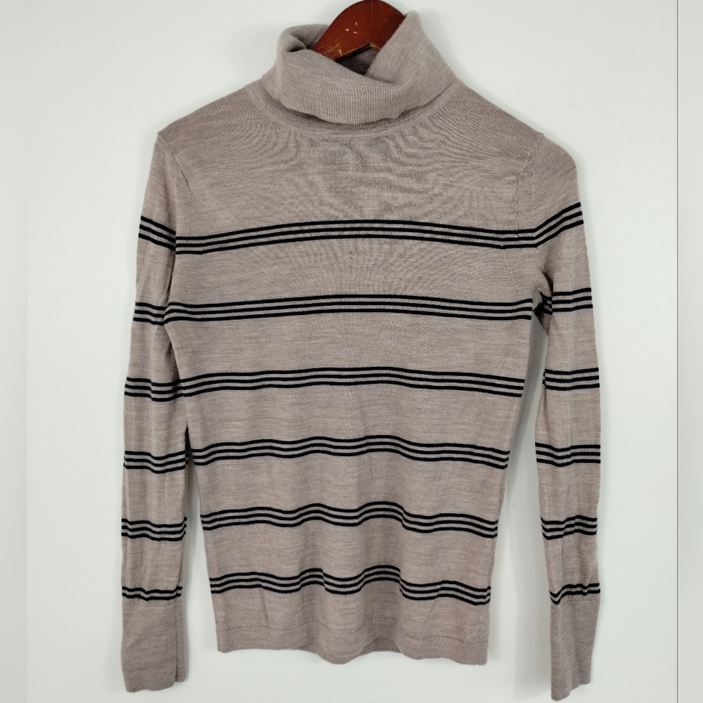Banana Republic Merino Wool Striped Turtleneck Sweater Tan Beige Medium